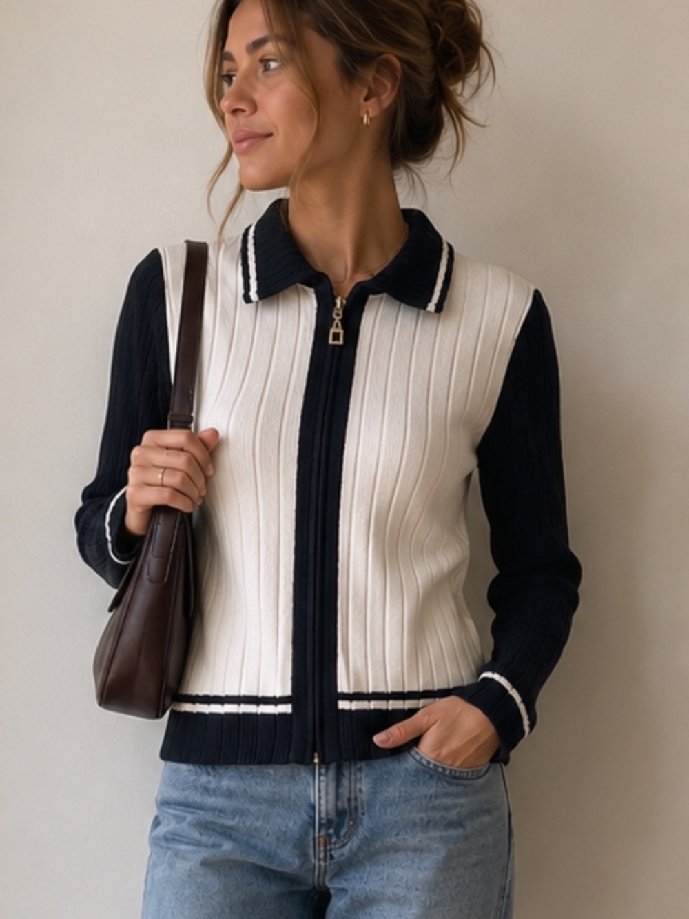 Vintage St. John Black Cream Zip Front Santana Knit Cardigan Sweater S